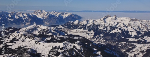 View from glacier des Diablerets direction Leysin. Winter scene in the Swiss Alps.