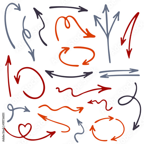Hand drawn arrow icons vector set. Up and down marker sketch arrows, right and left direction pointers, cycle and way symbols. Doodle infographic elements. Way pointers set.