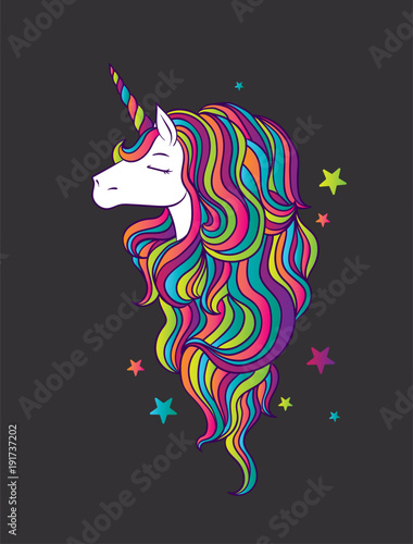 A beautiful unicorn with a multicolored mane. A fabulous animal. Vector illustration for a postcard, poster or print for clothes.