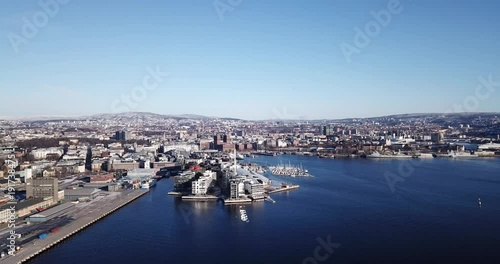 Close up aerial view on Aker Brygge and Akershus in Oslo, Norway photo