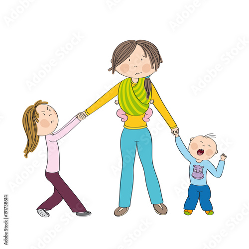 Naughty kids (siblings) fighting mother's attention, jealous girl tugging her mother's hand, little toddler boy crying. Mum carrying third child, little baby in baby sling. Hand drawn illustration.