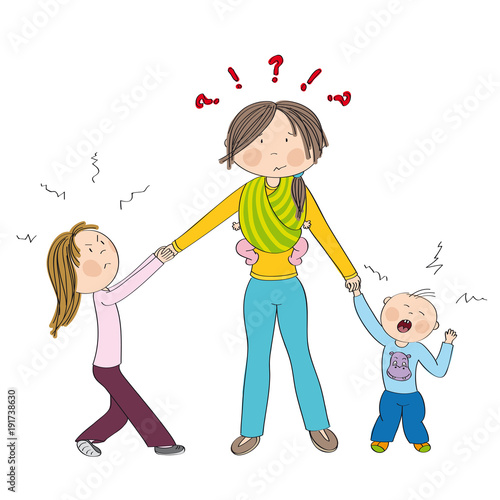 Naughty kids (siblings) fighting mother's attention, jealous girl tugging her mother's hand, little toddler boy crying. Mum carrying third child, little baby in baby sling. Hand drawn illustration.