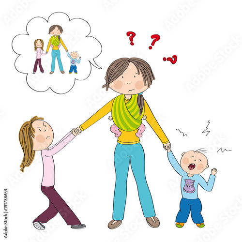Naughty kids (siblings) fighting mother's attention, jealous girl tugging her mother's hand, little toddler boy crying. Mum carrying third child little baby in baby sling, imagining having nice kids.