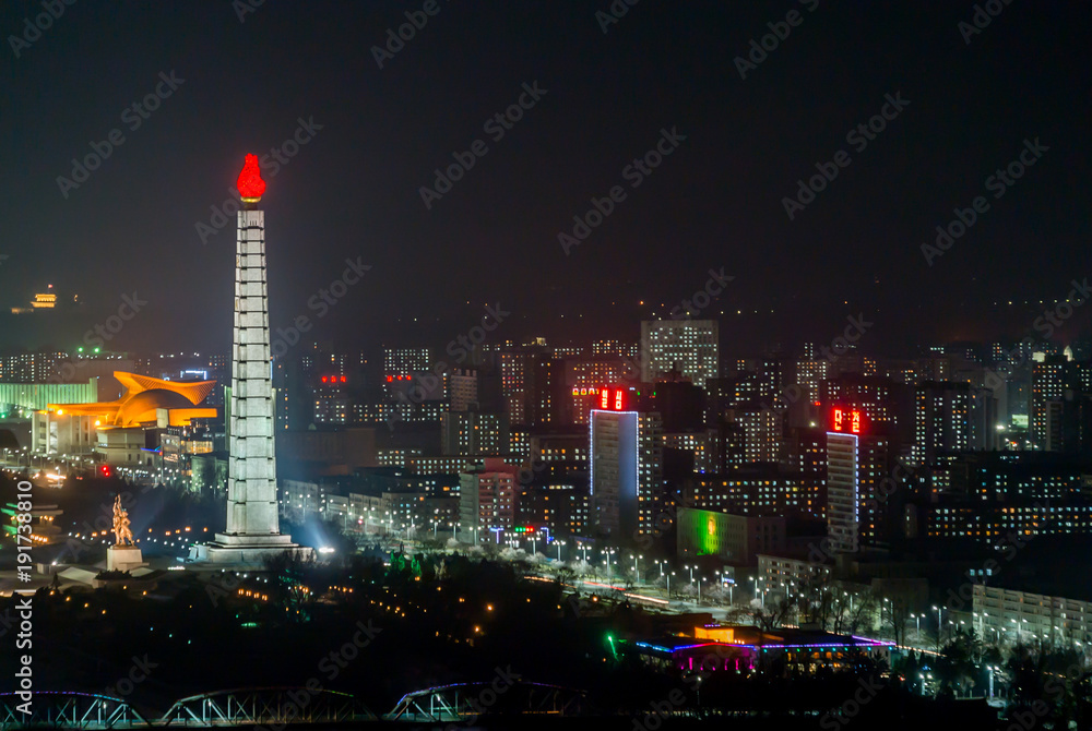 Pyongyang night skyline lights with juche tower