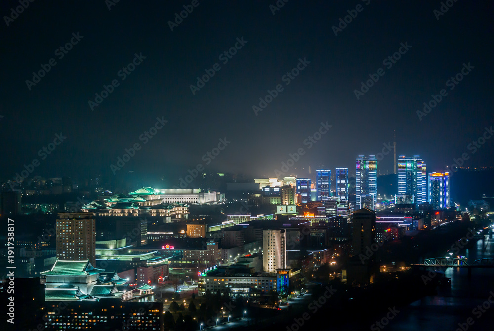Pyongyang night skyline lights