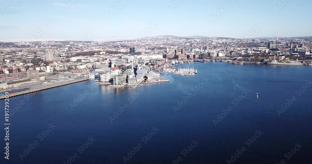 Close up aerial view on Aker Brygge and Akershus in Oslo, Norway Close up aerial view on Aker Brygge and Akershus in Oslo, Norway