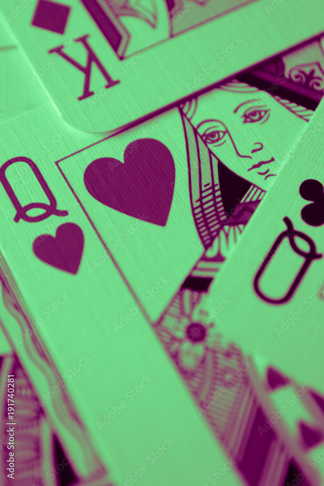 Queen of red hearts macro, fortune-telling cards. Mystic card ritual, prediction of female love fortune, close up. Queen of red hearts macro, fortune-telling cards. Mystic card ritual, prediction of female love fortune, close up.