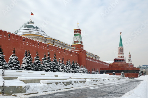 Winter view of the Moscow Kremlin and the Lenin Mausoleum on Red square in  Moscow, Russia photo