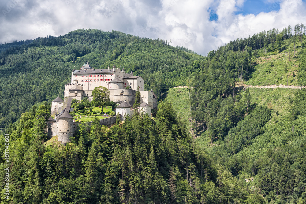Castle Hohenwerfen in Pongau valley Austria. Former film location Where Eagles Dare. The castle is situated at a strategic position at the top of a mountain with a view over the valley.
