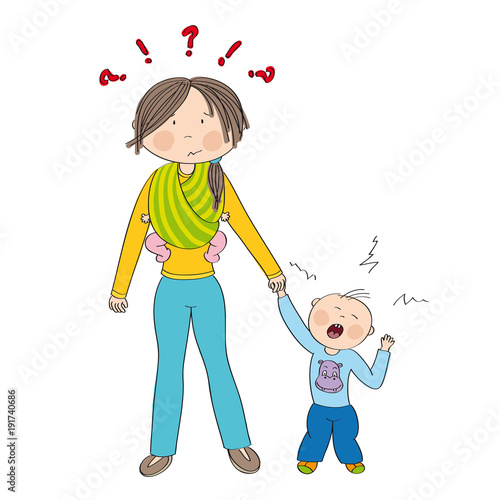Naughty jealous little boy crying, fighting mother's attention. Mum carrying second child, little baby girl, in baby sling. Original hand drawn illustration.