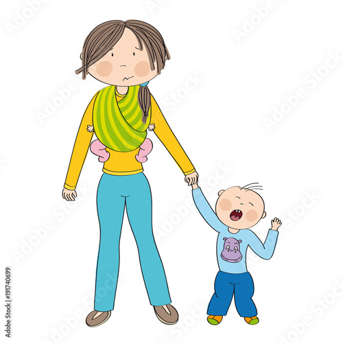 Naughty jealous little boy crying, fighting mother's attention. Mum carrying second child, little baby girl, in baby sling. Original hand drawn illustration.