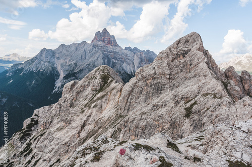 Mountain ridge of the Vecio del Forame, with the beautiful Croda Rossa Peak in the background, Cortina d'Ampezzo, Dolomites, Italy