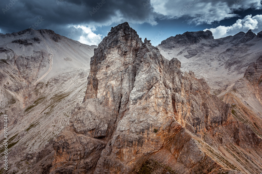 Wild rocky scenery in the Gravon del Forame, Cortina d'Ampezzo, Dolomites, Italy