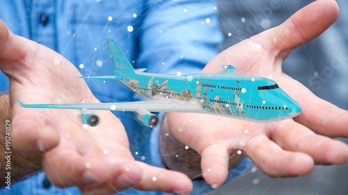 Fototapeta Naklejka Na Ścianę i Meble -  Businessman with plane and famous landmarks of the world 3D rendering