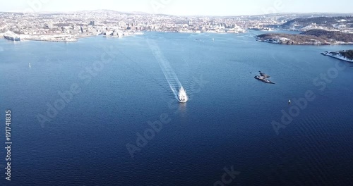 Ferry boat in Oslofjord near Oslo, Norway in winter 2018