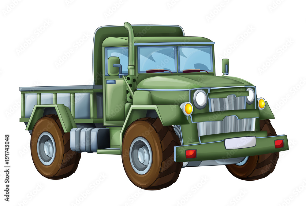 cartoon happy and funny military truck -  on white background / smiling vehicle - illustration for children