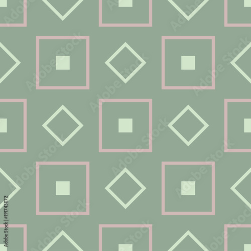 Geometric dark green seamless background wth pink elements