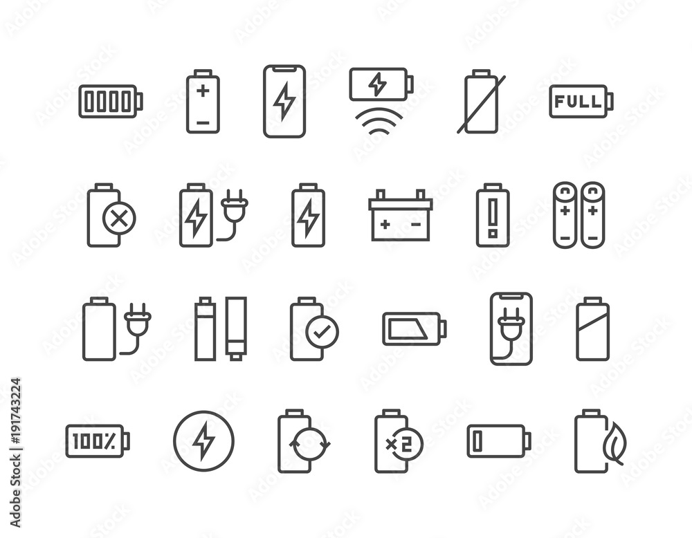 Set of Batteries Related Vector Line Icons. Contains such Icons as Car Charge Station, Recycle, Phone Charging, Battery Life Time and more. Editable Stroke. 48x48 Pixel Perfect