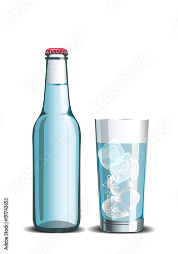 Realistic set of mineral water, full bottle and drink in a glass with ice cubes