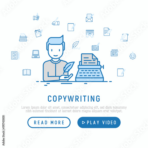 Copywriting concept: writer with feather near typewriter with thin line icons: letter, e-mail, book, blogging, hand with pen, article, seo. Modern vector illustration, web page template.