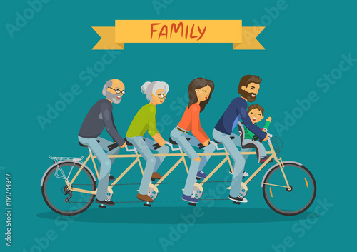 Family concept. Mother, father, grandmother, grandfather and child riding tandem on teal background. Vector illustration.