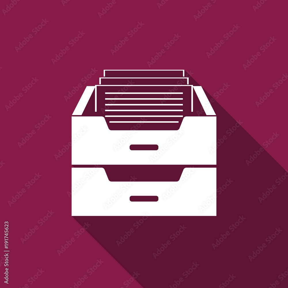 Drawer with documents icon isolated with long shadow. Archive papers drawer. File Cabinet Drawer. Office furniture. Flat design. Vector Illustration Drawer with documents icon isolated with long shadow. Archive papers drawer. File Cabinet Drawer. Office furniture. Flat design. Vector Illustration