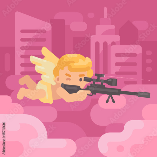 Cute cupid lying on a cloud shooting a sniper rifle with skyscrapers in the background. Valentines Day banner flat illustration