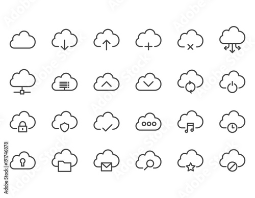 Set of Computer Cloud Related Vector Line Icons. Contains such Icons as Data Transfer, Cloud Settings and more. Editable Stroke. 48x48 Pixel Perfect.