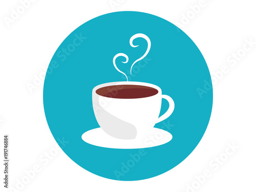Hot cup of coffee in flat style on blue background