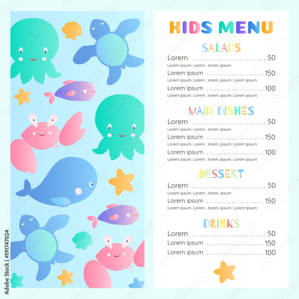 Sea style children's menu template.