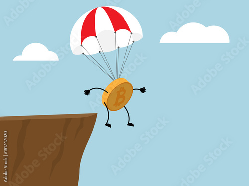 illustration of bitcoin jumping from cliff with parachute