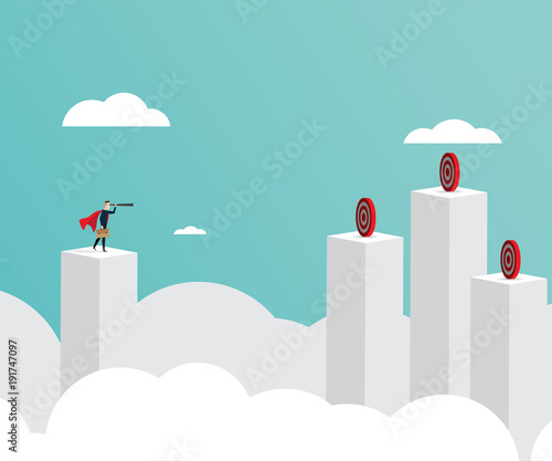 businessman standing on top of pillars and use telescope looking for target