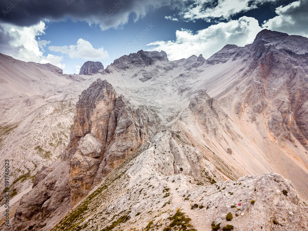 Wild rocky scenery with a view of the top of the mount Cristallo and Vecio del Forame, Cortina d'Ampezzo, Dolomites, Italy