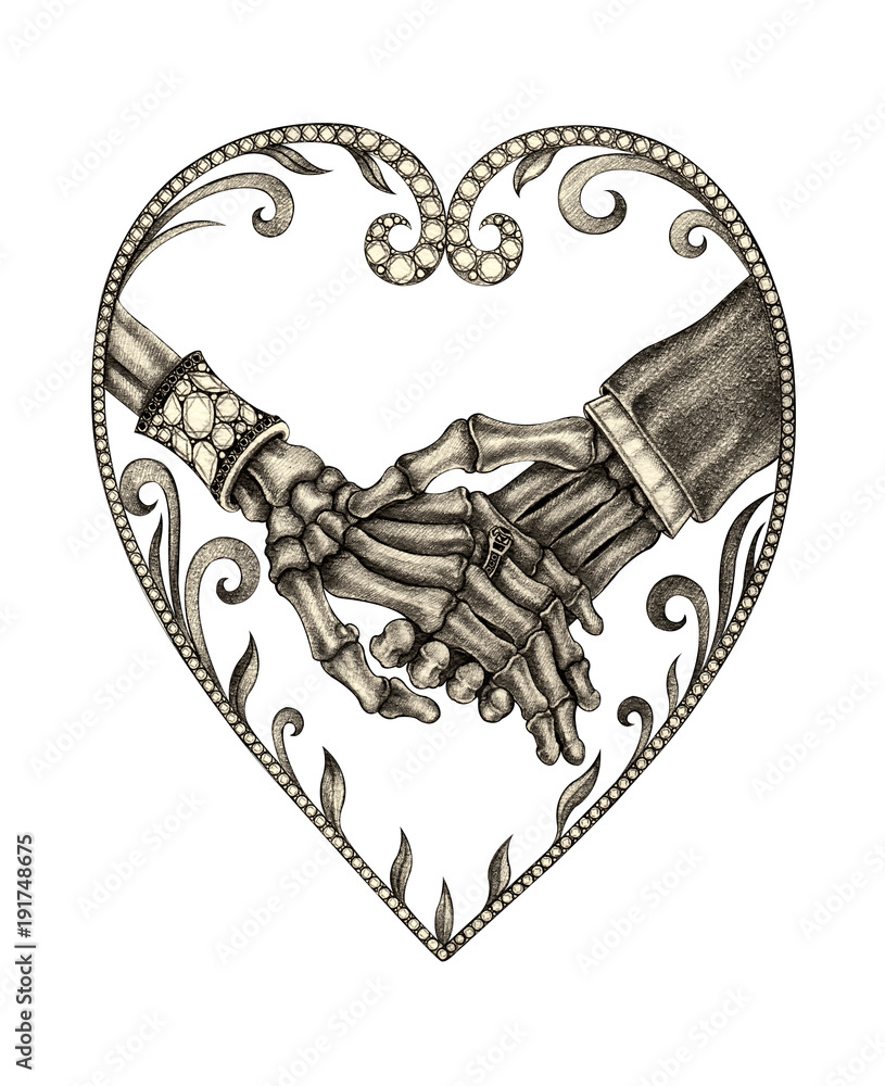 Art Symbol Bone Hands love and Wedding.Hand pencil drawing on ...
