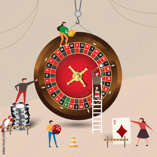 Small people character built roulette casino, wear chips, dice, playing cards. Vector illustration flat design