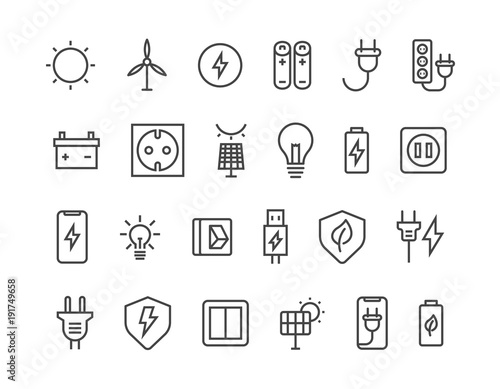 Simple Set of Surge Protector Related Vector Line Icons. Contains such Icons as American/European Socket, USB Charge, Child Protection and more. Editable Stroke. 48x48 Pixel Perfect.