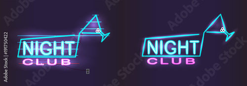 Neon night club sign, Night advertising template for parties, neon inscription with martini glass