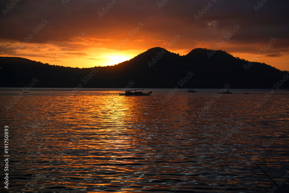Sunset on mountain and sea in Philippines