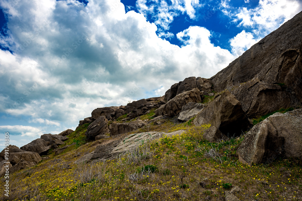 Fototapeta premium Rocks fragments in the highlands, green meadow