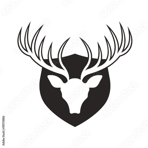 deer antlers mounted on shield in black outline-vector drawing
