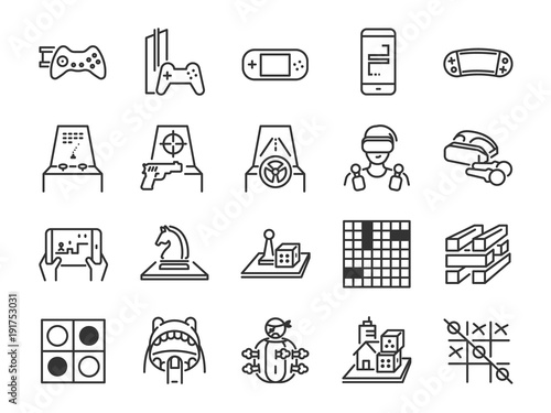 Game and entertainment line icon set. Included the icons as board game, arcade game, console, shooting, puzzle, handheld, mobile and more.
