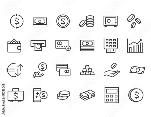 Simple Set of Money Related Vector Line Icons. Contains such Icons as Wallet, ATM, Bundle of Money, Hand with a Coin and more. Editable Stroke. 48x48 Pixel Perfect.