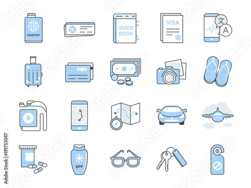 Travel icon set. Included the icons as visa, passport, vacation, holiday, sunscreen, camera, suitcase and more.