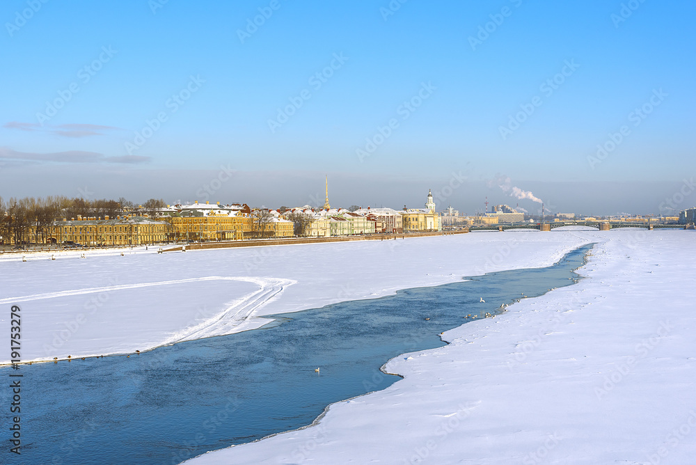 Winter view of the historic buildings on the Neva embankment, St. Petersburg, Russia