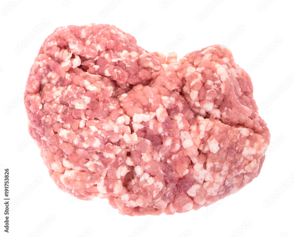 Top view of raw minced pork meat isolated on white background Top view of raw minced pork meat isolated on white background