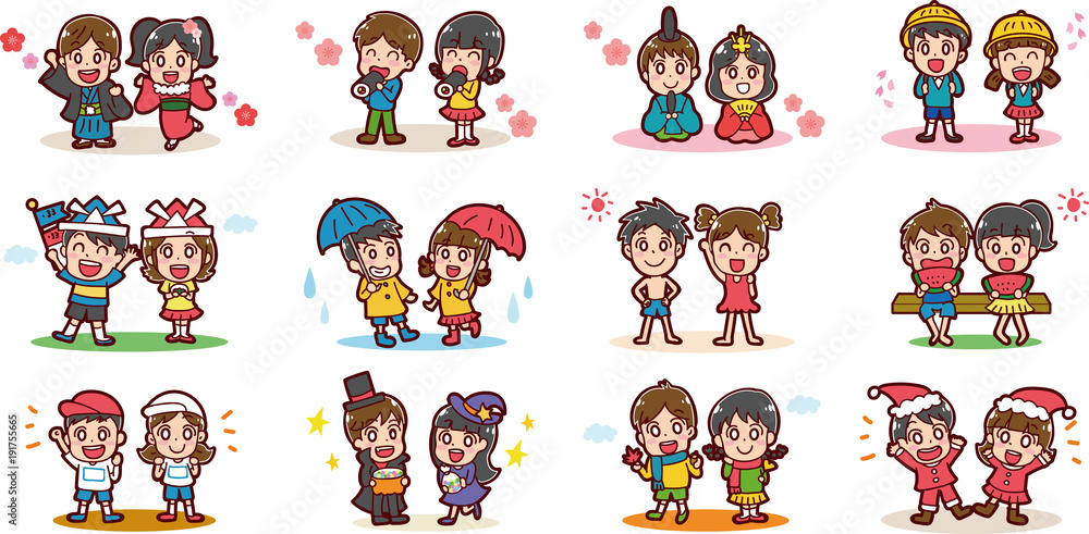男の子と女の子の季節イラストセット Stock Vector Adobe Stock 男の子と女の子の季節イラストセット Stock Vector Adobe Stock