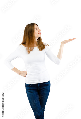 Woman pointing on white background