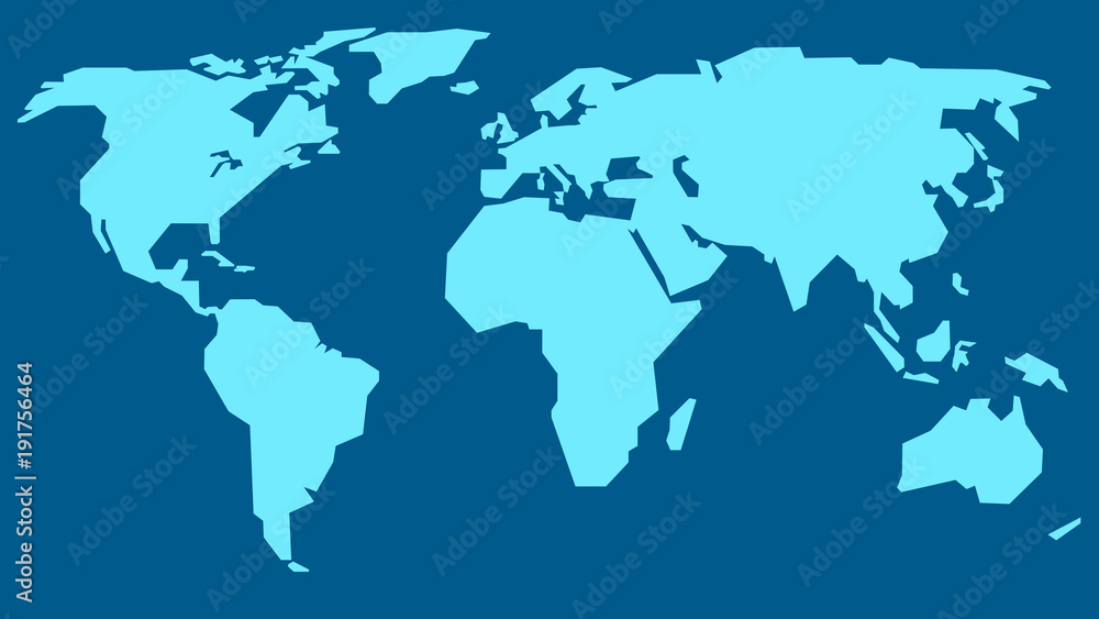 Fototapeta Ilustracja wektorowa mapa świata, jasnoniebieskie kontynenty na ciemnym niebieskim tle.