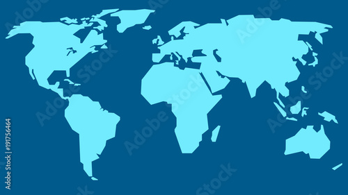 Vector world map illustration, light blue continents on the dark blue background. 