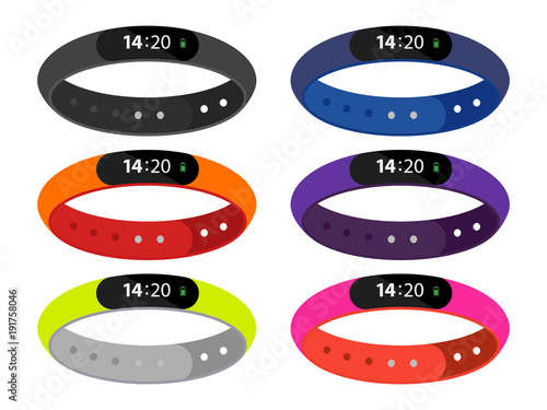 Smart Band Fitness band run tracker vector illustration. wristband with running activity steps counter and heartbeat pulse meter